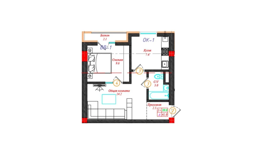 1-комнатная квартира 41 м²  3/12 этаж | Жилой комплекс CHINARA PARK