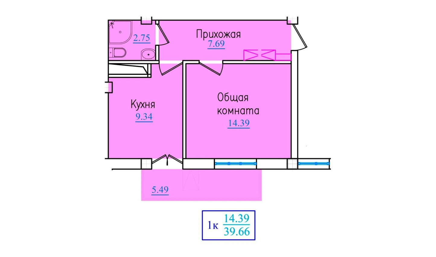 1-xonali xonadon 39.66 m²  4/9 qavat | PROVANS Turar-joy majmuasi