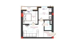 1-xonali xonadon 41 m²  6/12 qavat | CHINARA PARK Turar-joy majmuasi