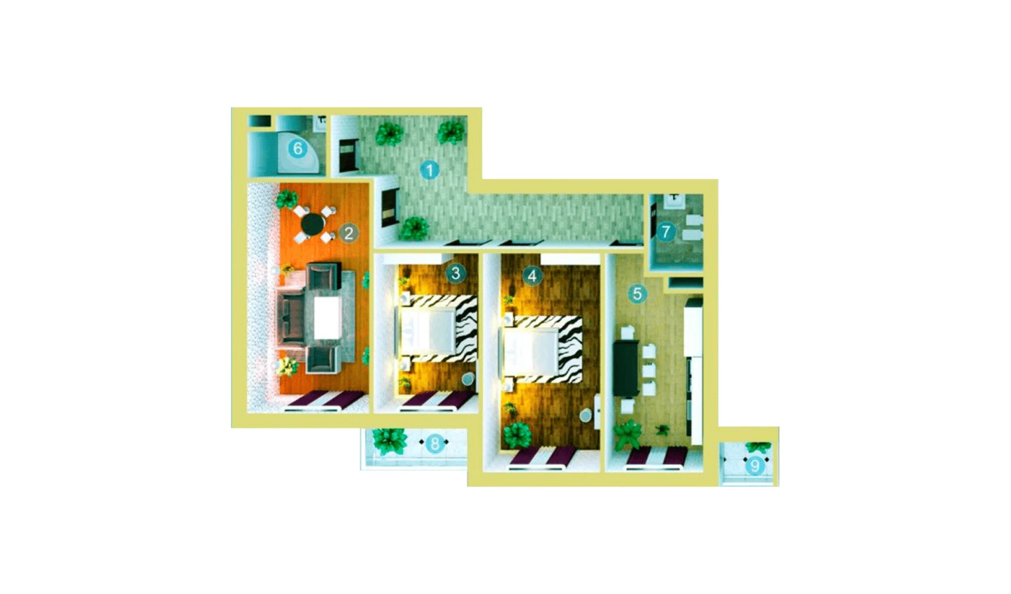 3-xonali xonadon 102 m²  2/9 qavat | ZAR ZAMONAVIY UYLAR Turar-joy majmuasi
