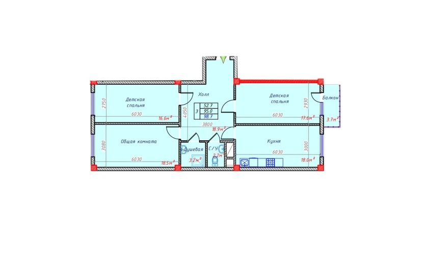 3-комнатная квартира 98.7 м²  9/9 этаж | Жилой комплекс Hakimi Towers