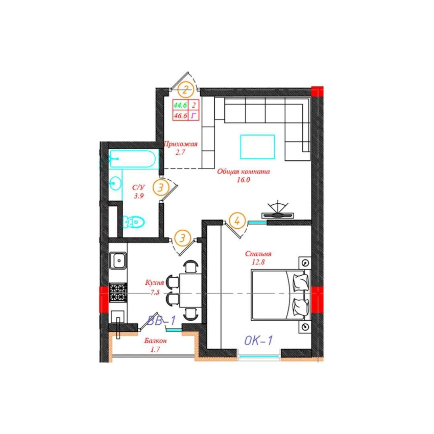 2-xonali xonadon 46.6 m²  2/12 qavat | CHINARA PARK Turar-joy majmuasi