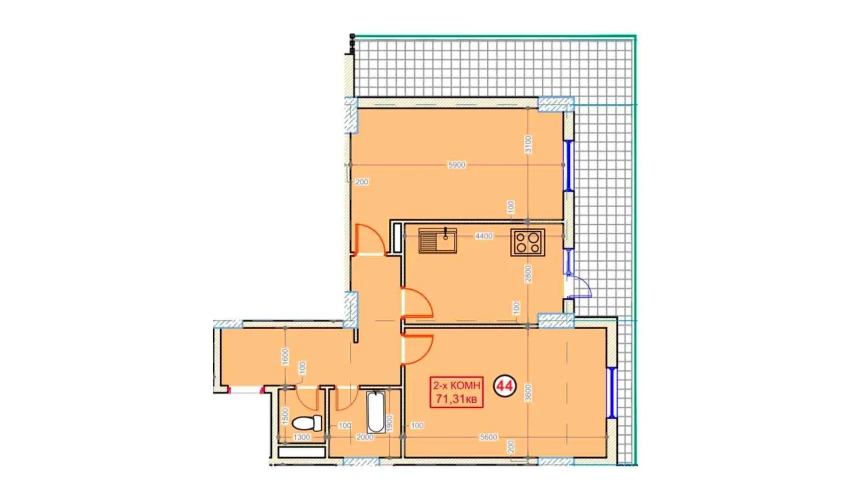 2-комнатная квартира 71.31 м²  2/9 этаж | Жилой комплекс XUMO