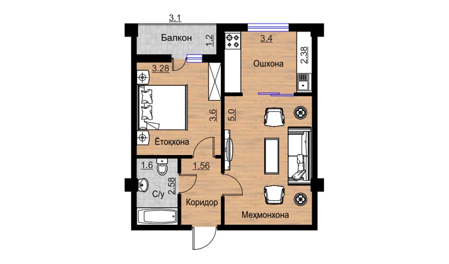 2-xonali xonadon 53.89 m²  13/16 qavat | BRILLIANT Turar-joy majmuasi