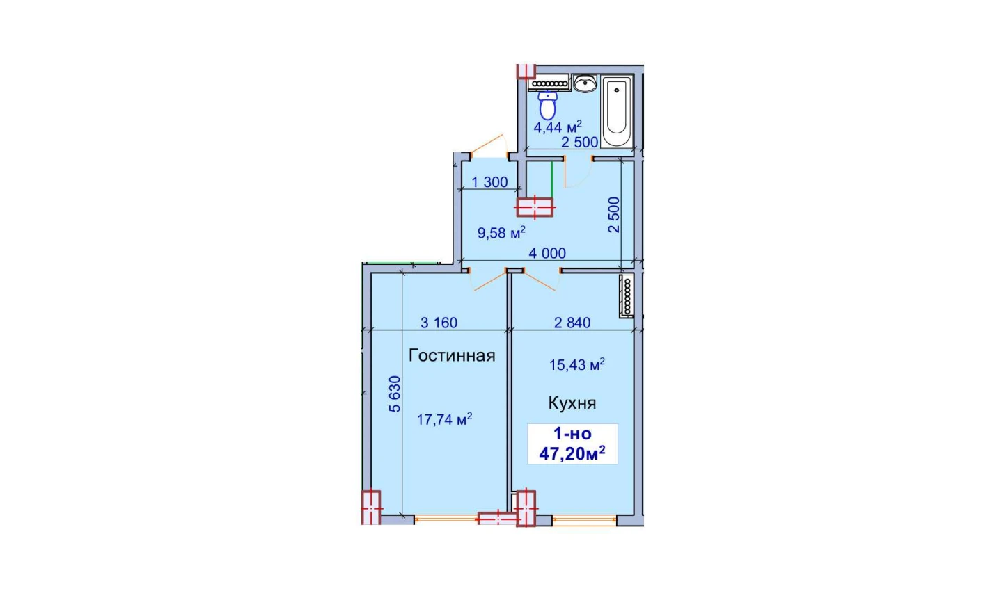 1-комн. квартира 47.2 м²  1/9 этаж | Жилой комплекс SHAYX-UL OLAM