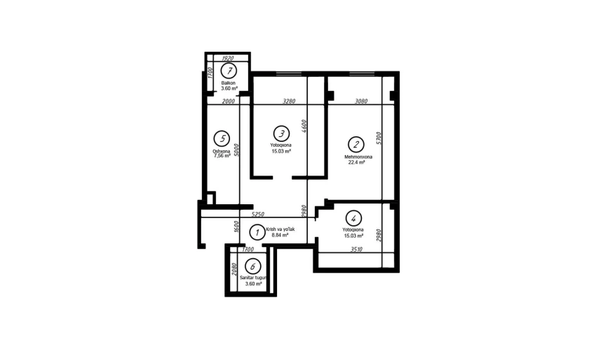 3-xonali xonadon 77 m²  7/8 qavat | YASHIL VODIY RESIDENCE Turar-joy majmuasi