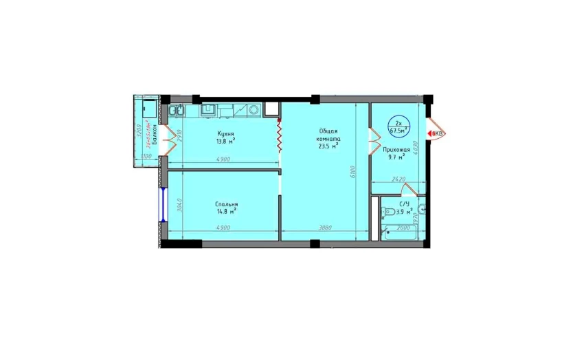 2-xonali xonadon 67.5 m²  6/12 qavat | Zamin Jizzax Turar-joy majmuasi