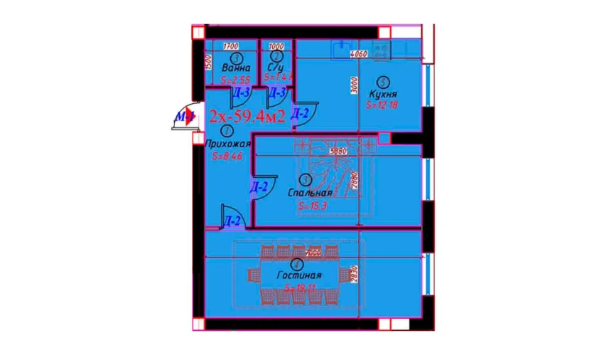 2-комнатная квартира 59.4 м²  6/6 этаж | Жилой комплекс Sohil bo'yi