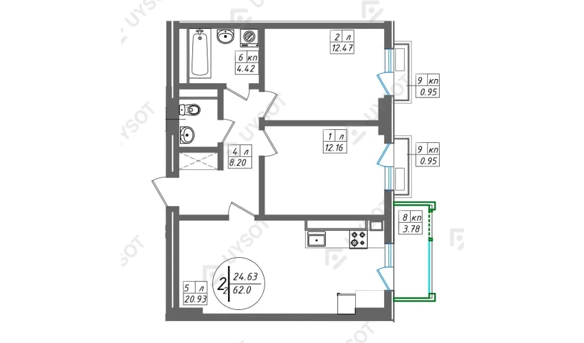 2-комнатная квартира 62 м²  2/13 этаж | Жилой комплекс SUN