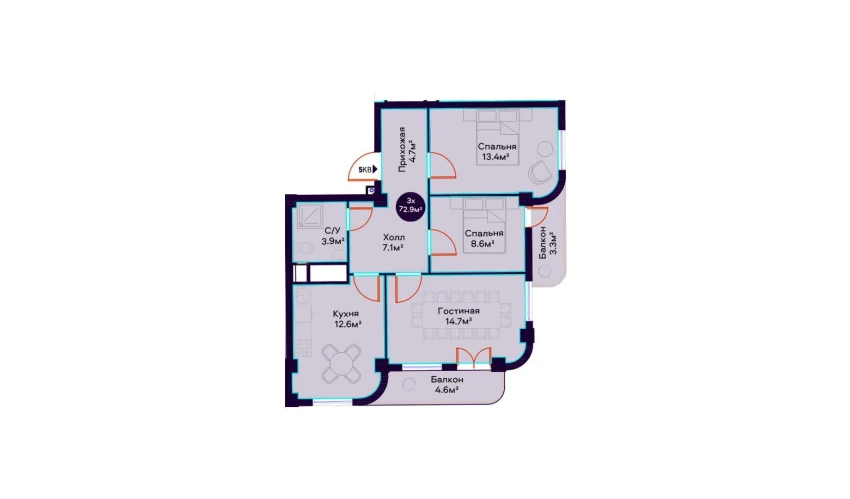 3-xonali xonadon 72.9 m²  9/16 qavat | Havas Premium Turar-joy majmuasi