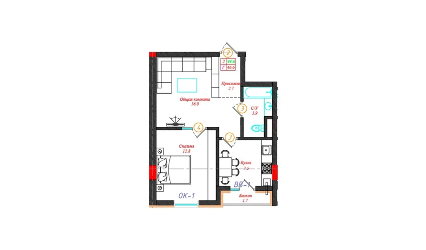 2-xonali xonadon 46.6 m²  10/12 qavat | CHINARA PARK Turar-joy majmuasi