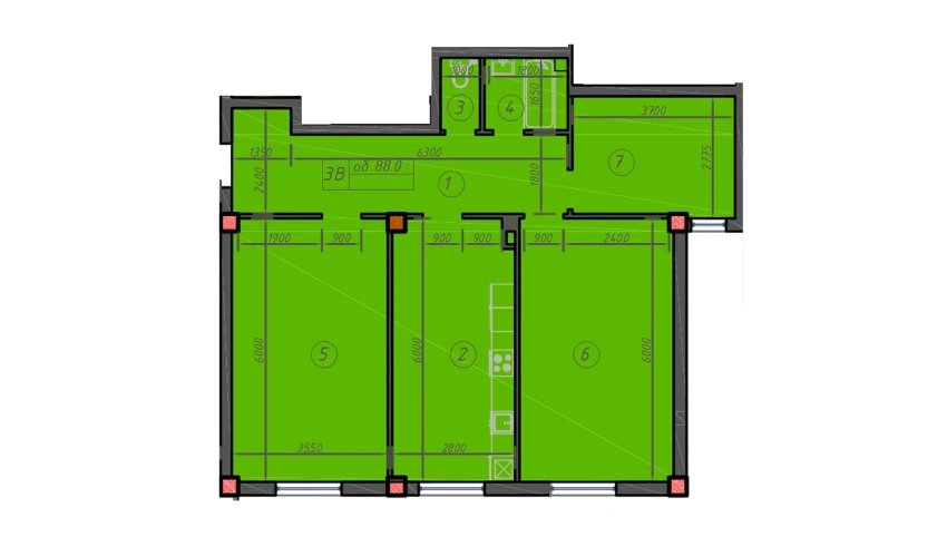 3-xonali xonadon 88 m²  1/12 qavat | Sokin hayot Turar-joy majmuasi