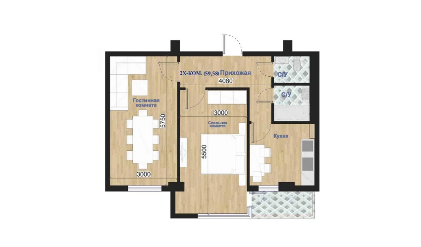2-xonali xonadon 59.58 m²  7/7 qavat | O'ZBEGIM Turar-joy majmuasi