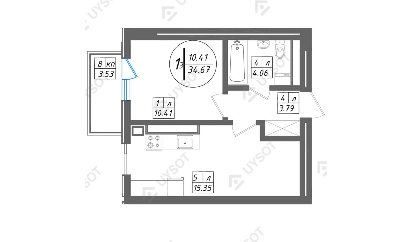 1-комн. квартира 34.67 м²  2/13 этаж | Жилой комплекс SUN