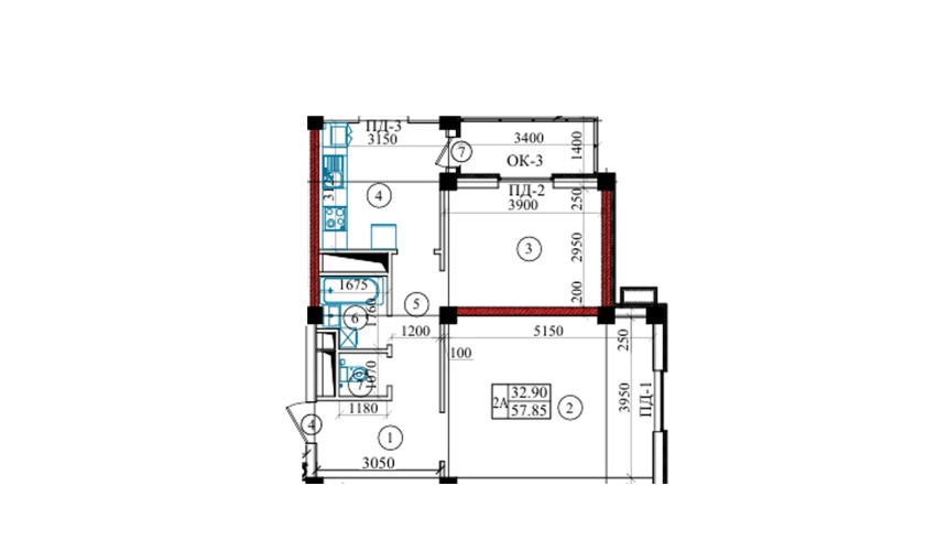 2-xonali xonadon 57.85 m²  3/9 qavat | Yangi O'zbekiston Turar-joy majmuasi