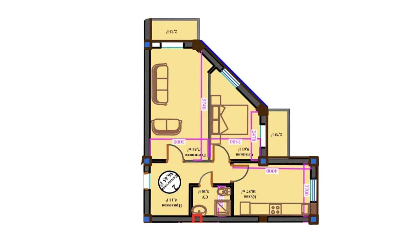 2-комнатная квартира 56.45 м²  6/11 этаж | Жилой комплекс ANHOR AVENUE