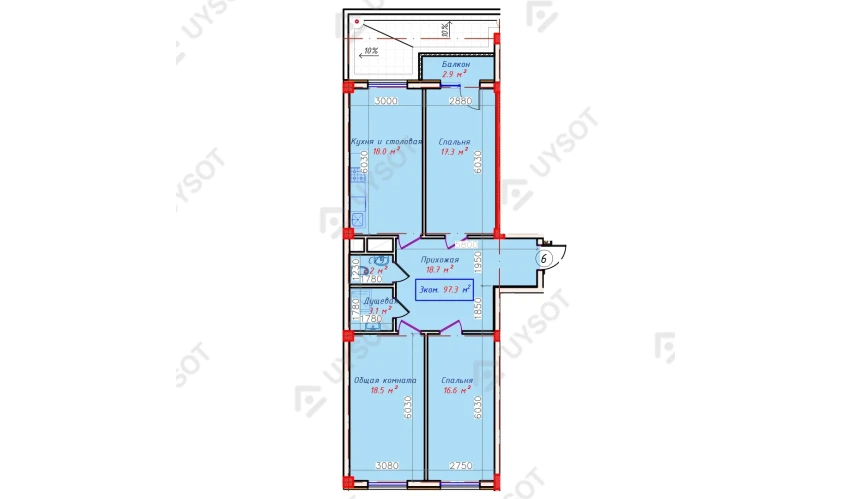 3-xonali xonadon 97.3 m²  2/9 qavat | QASHQADARYO Turar-joy majmuasi