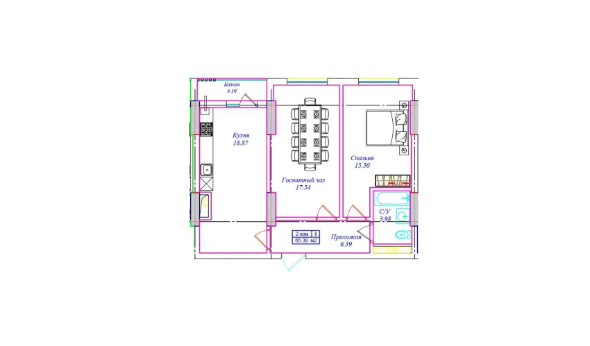 2-комнатная квартира 65.38 м²  16/17 этаж | Жилой комплекс UCHTEPA CITY