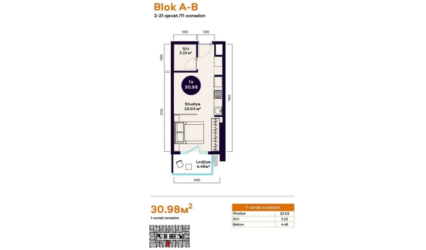 1-xonali xonadon 30.98 m²  8/19 qavat | Central Avenue Turar-joy majmuasi