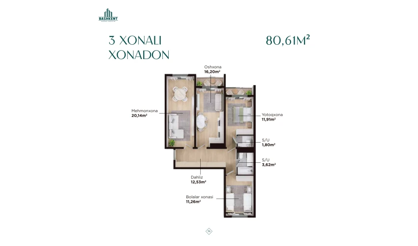 3-xonali xonadon 80.61 m²  11/16 qavat | BASHKENT Turar-joy majmuasi