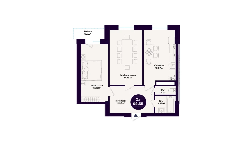 2-комнатная квартира 68.65 м²  8/10 этаж | Жилой комплекс KAMALAK