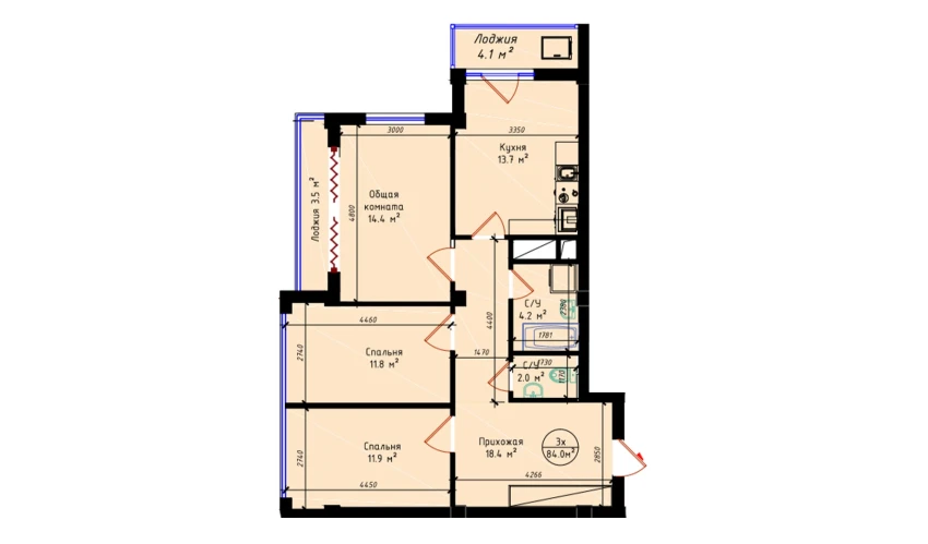3-комнатная квартира 84 м²  3/19 этаж | Жилой комплекс BRILLIANT CITY AC