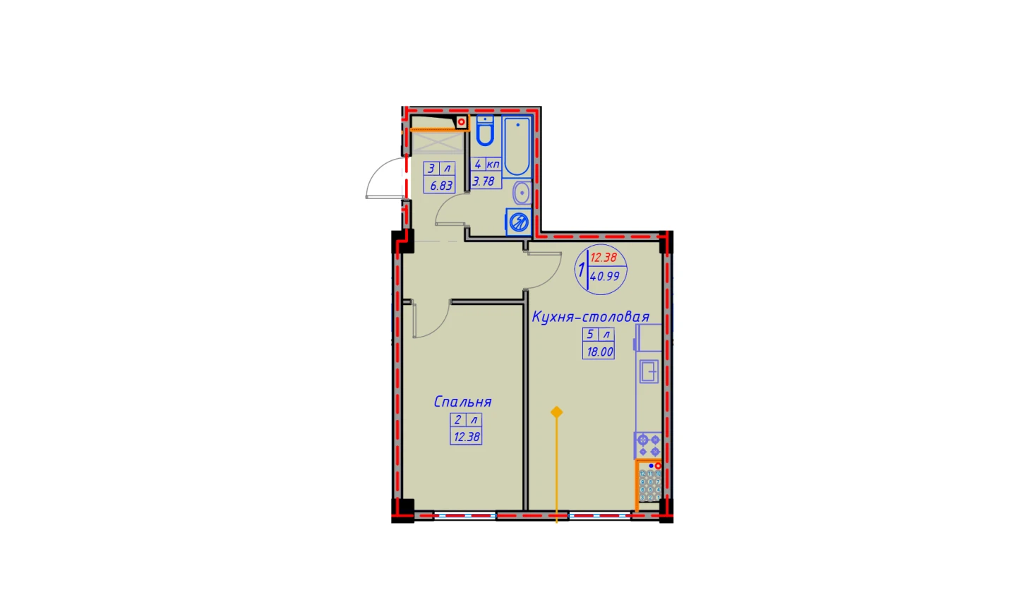 1-комн. квартира 45.29 м²  1/12 этаж | Жилой комплекс SPUTNIK AVENUE
