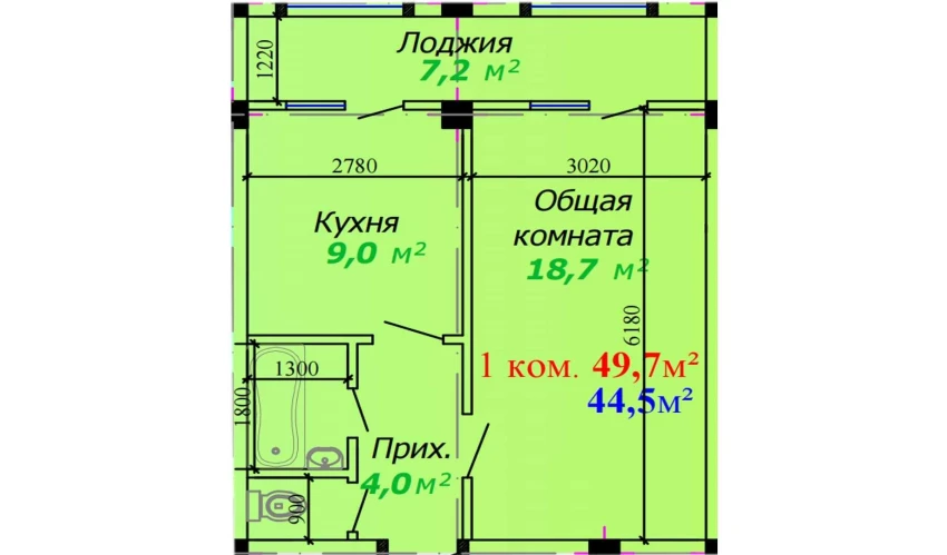 1-комнатная квартира 49.7 м²  1/7 этаж | Жилой комплекс Bunyodkor