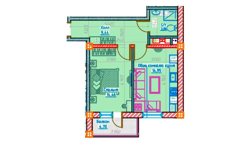 2-комнатная квартира 42.9 м²  7/13 этаж | Жилой комплекс Al-Qasr