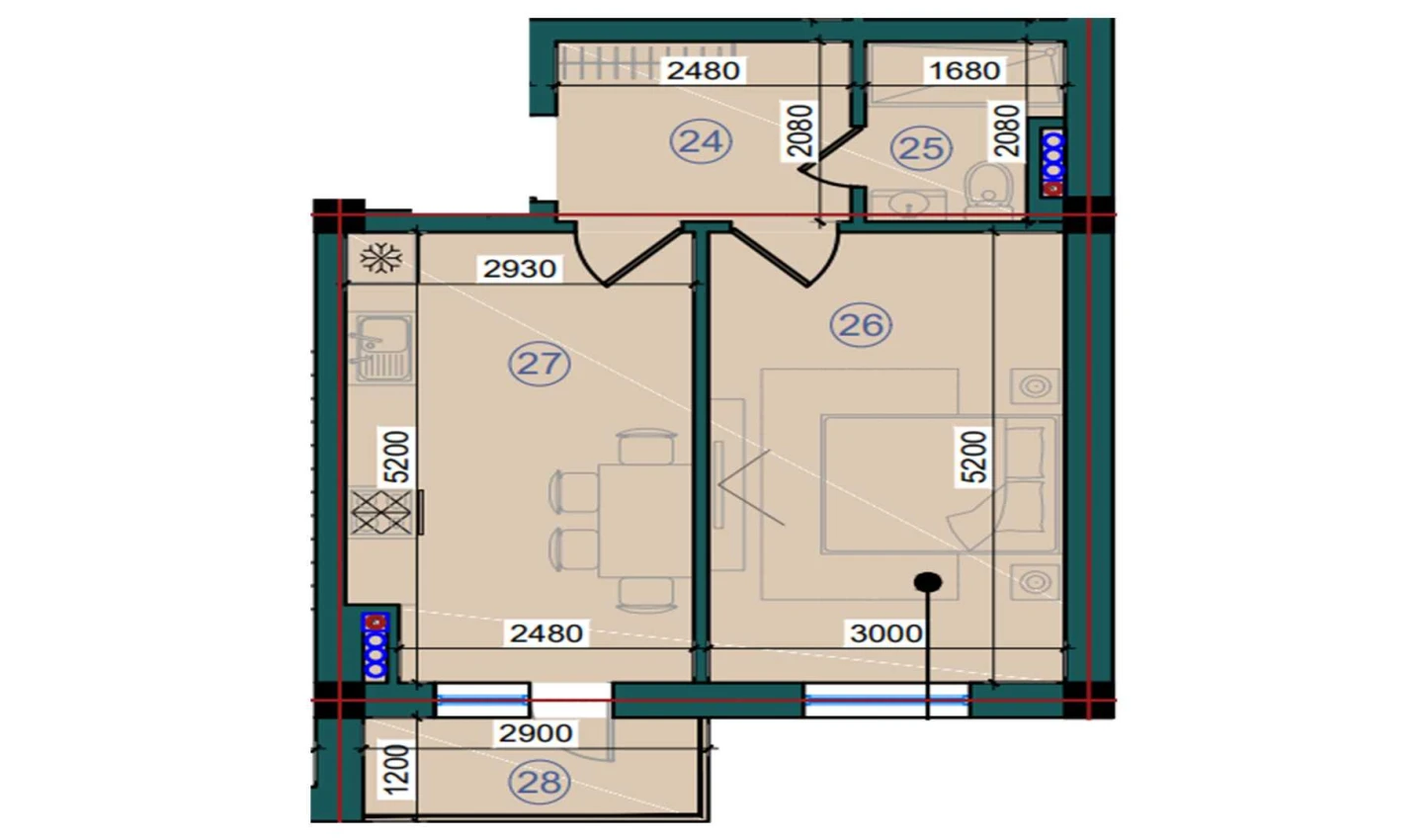 1-xonali xonadon 44.2 m²  4/7 qavat | Bristol Turar-joy majmuasi