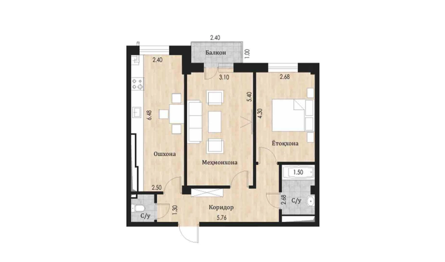 2-xonali xonadon 65.61 m²  6/10 qavat | Ko'kcha-Oqtepa Turar-joy majmuasi
