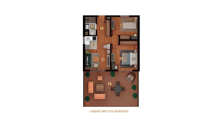 3-комнатная квартира 59.82 м²  1/6 этаж | Жилой комплекс TUSHLAR VODIYSI