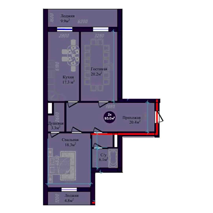 2-xonali xonadon 93 m²  9/9 qavat | Navruz Avenue Turar-joy majmuasi