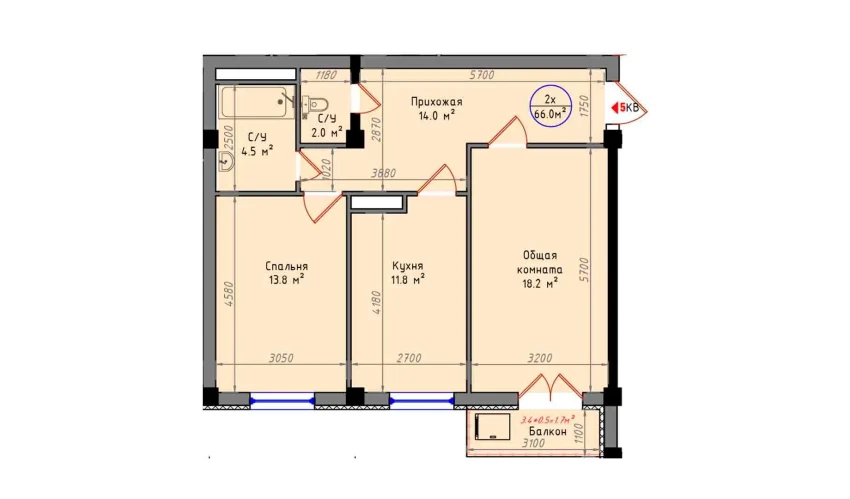 2-комнатная квартира 66 м²  2/12 этаж | Жилой комплекс Zamin Jizzax