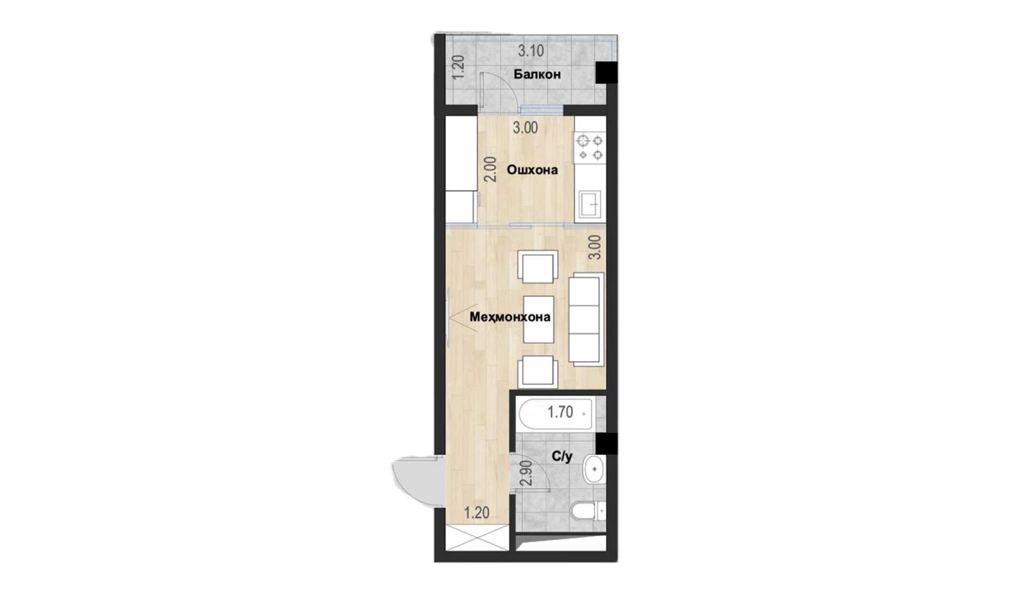 1-комн. квартира 27.25 м²  6/7 этаж | Жилой комплекс Bochka Resort