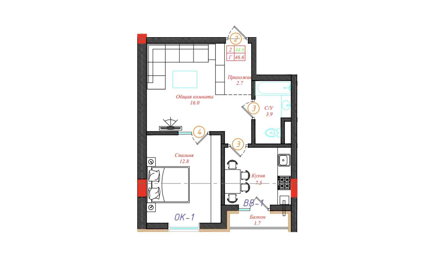 2-комн. квартира 46.6 м²  4/12 этаж | Жилой комплекс CHINARA PARK