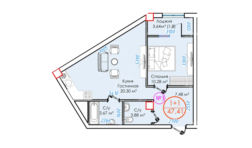 1-комнатная квартира 47.41 м²  7/16 этаж | Жилой комплекс ALFA CITY