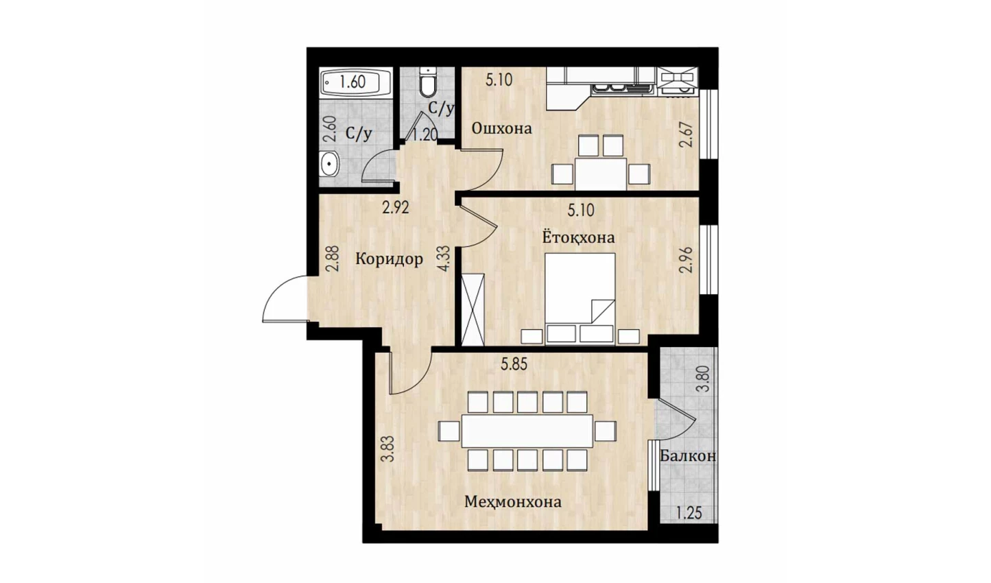 2-xonali xonadon 75.7 m²  4/8 qavat | Mustaqillik Avenue Turar-joy majmuasi