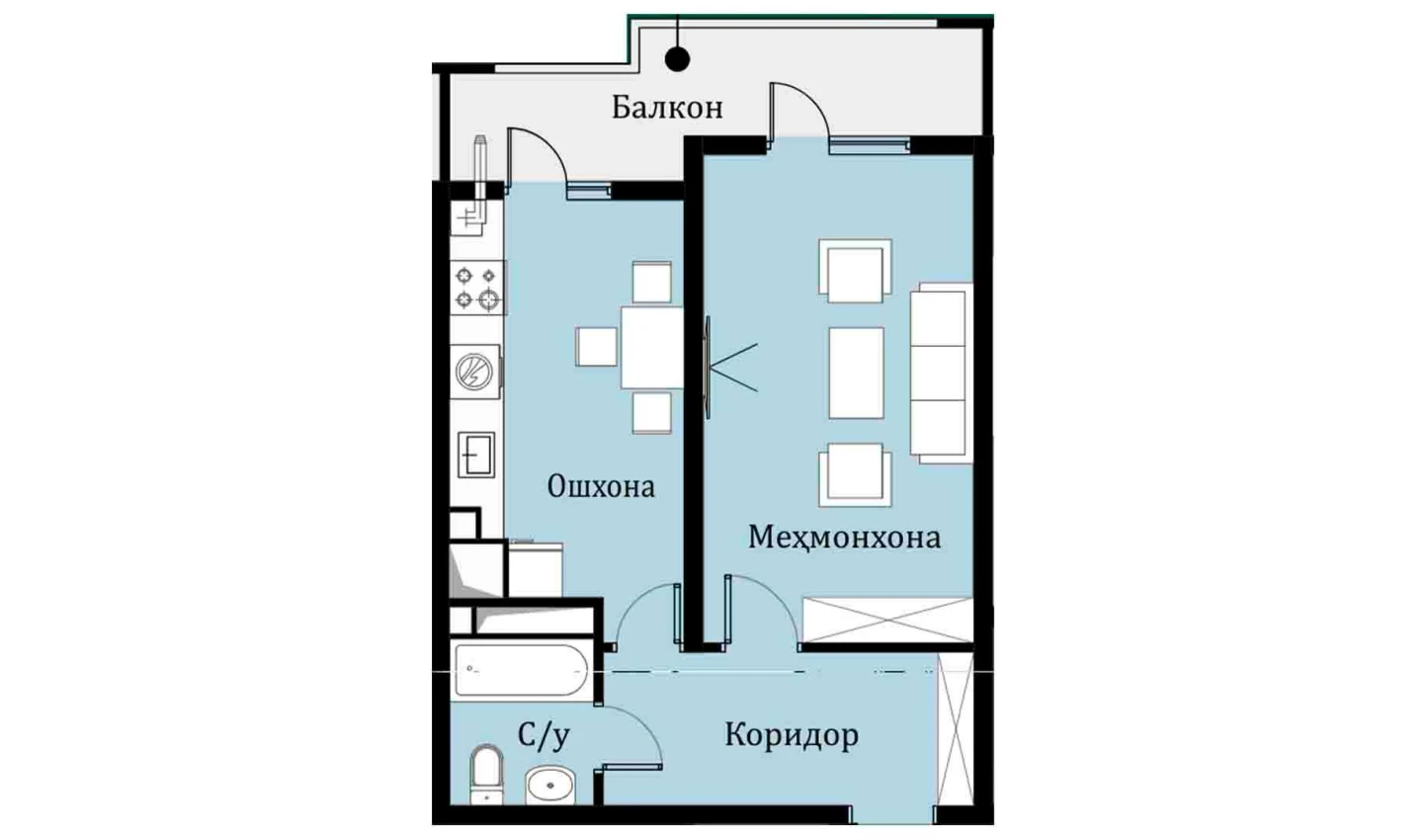1-xonali xonadon 40.75 m²  11/16 qavat | SOKIN DIYOR Turar-joy majmuasi
