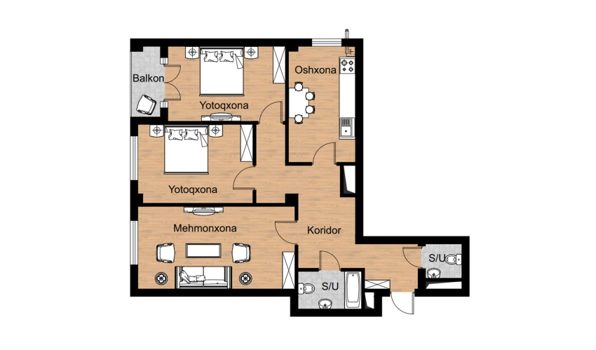 3-комнатная квартира 87.8 м²  13/16 этаж | Жилой комплекс Musaffo