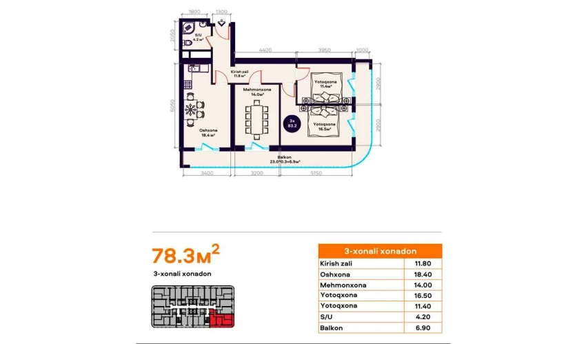 3-комнатная квартира 83.2 м²  16/22 этаж | Жилой комплекс TXT Tower