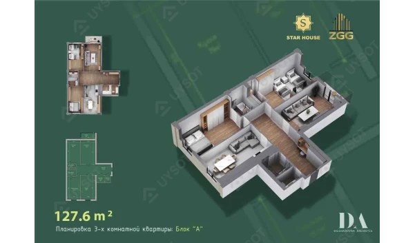 3-xonali xonadon 127.6 m²  11/12 qavat | DEGREZON HOUSE Turar-joy majmuasi