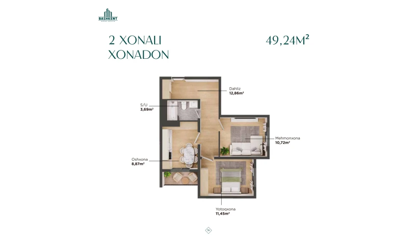 2-xonali xonadon 49.24 m²  15/16 qavat | BASHKENT Turar-joy majmuasi