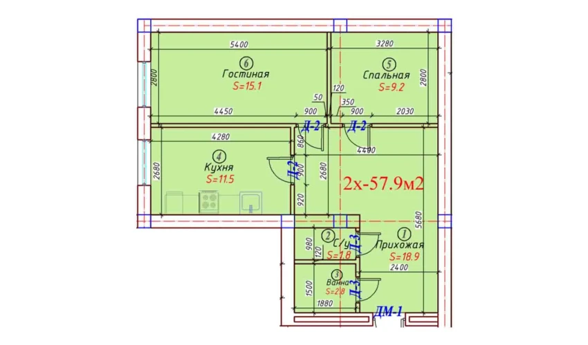 2-xonali xonadon 57.9 m²  1/6 qavat | Sohil bo'yi Turar-joy majmuasi