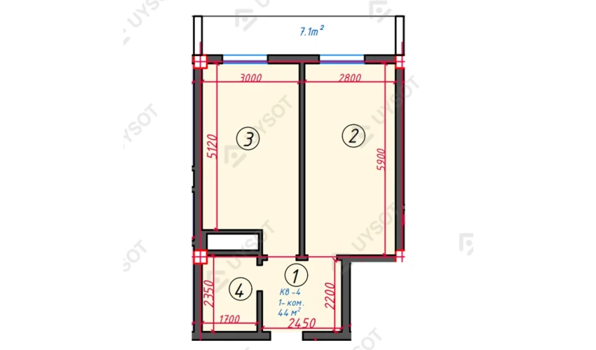 1-комнатная квартира 44 м²  2/16 этаж | Жилой комплекс TURKISTON AVENUE