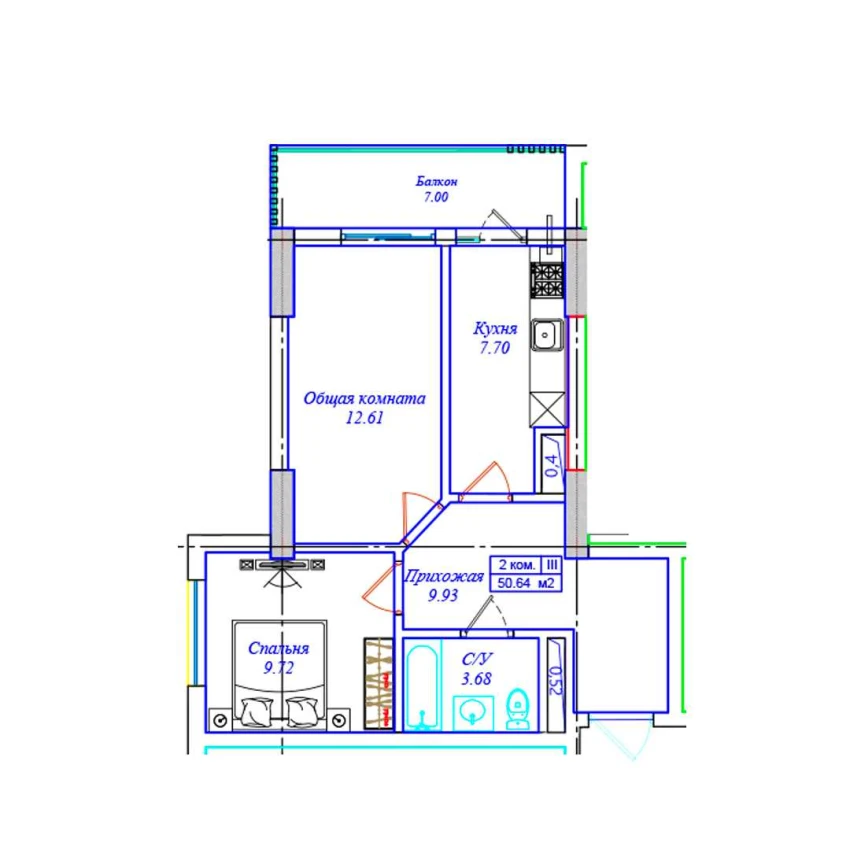 2-xonali xonadon 50.64 m²  4/17 qavat | ASTRA Turar-joy majmuasi