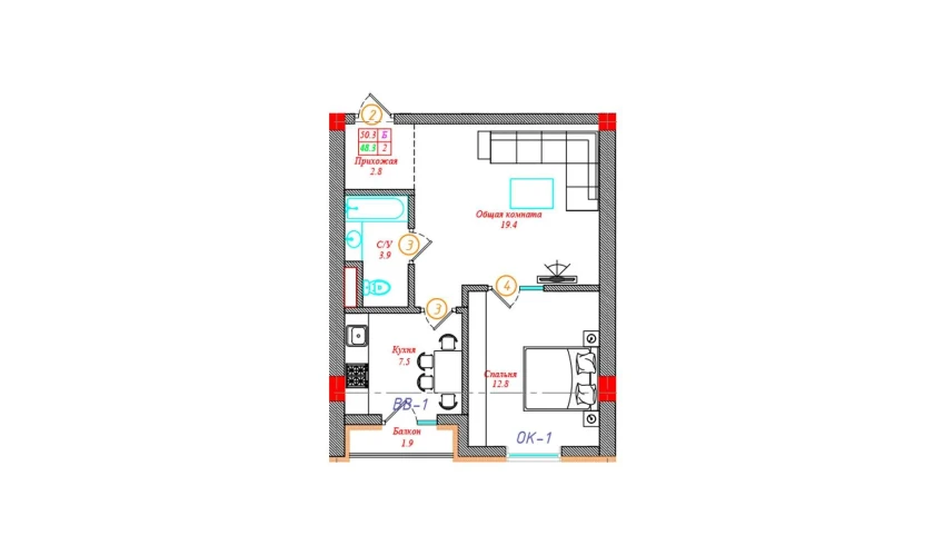 2-комнатная квартира 50.3 м²  4/12 этаж | Жилой комплекс CHINARA PARK