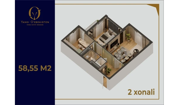 2-комнатная квартира 58.55 м²  3/9 этаж | Жилой комплекс Yangi O'zbekiston