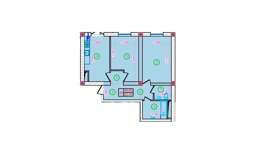 2-комнатная квартира 62.94 м²  4/5 этаж | Жилой комплекс Bog’zor