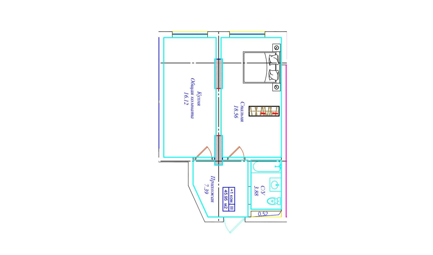 1-xonali xonadon 45.95 m²  3/17 qavat | UCHTEPA CITY Turar-joy majmuasi